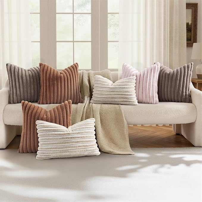 decorUhome Cozy Faux Fur Throw Pillow Covers 22x22 Set of 2 Decorative Soft Plush Striped Modern Farmhouse Boho Couch Euro Sham Pillow Cases with Velvet Back for Sofa Bed Living Roomr, Brown