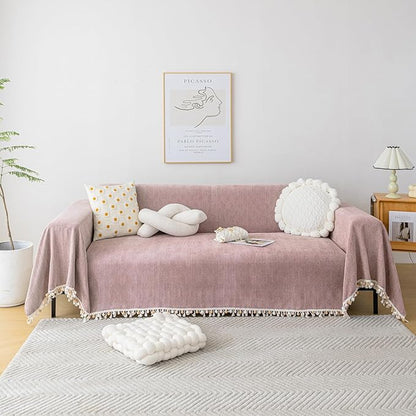 HANDONTIME Soild Couch Covers for Dogs Pink-Purple Sofa Covers Boho Cover for Sofa 3 Seats Chenille Sofa Throw Cover Mauve Sofa Covers for 3 Cushion Couch Tassel, Washable, Pet Friendly, 71" X118"