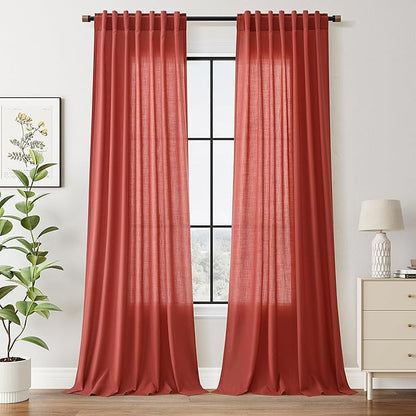Christmas Red Linen Curtains 108 Inches Long for Living Room Light Filtering Semi Sheer Curtain Back Tab Vintage Neutral Rustic Home Decor Floor to Ceiling High Window for Bedroom 52x108,2 Panels