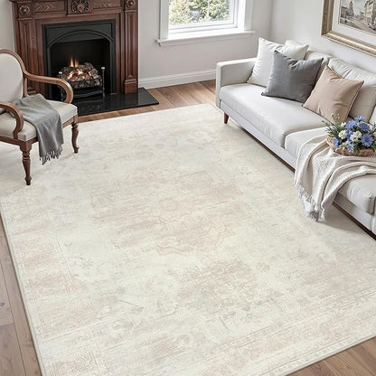 5x7 Area Rugs for Living Room: Vintage Boho Neutral Washable Rug Indoor Soft Large Area Rug Carpet for Bedroom Nursery Farmhouse Dining Room Office Floor Non-Slip Low Pile Under Table Rug Cream Beige