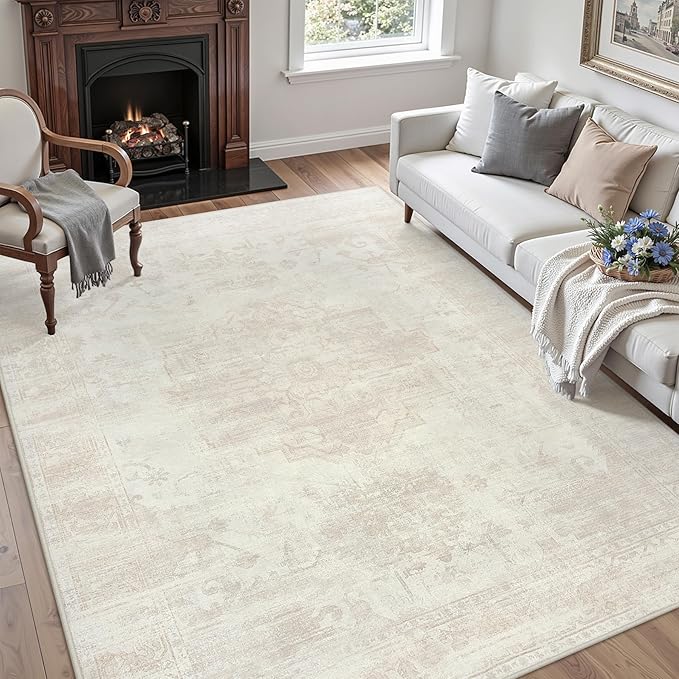 6x9 Area Rugs for Living Room: Vintage Boho Neutral Washable Rug Indoor Soft Large Area Rug Carpet for Bedroom Nursery Farmhouse Dining Room Office Floor Non-Slip Low Pile Under Table Rug Cream Beige