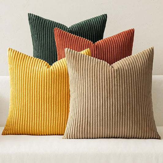 MIULEE Pack of 4 Green-Rust Corduroy Decorative Throw Pillow Covers 18x18 Inch Soft Boho Striped Pillow Covers Modern Farmhouse Home Decor for Winter Sofa Living Room Couch Bed