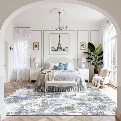 Washable Rugs 8x10 Area Rugs for Living Room,Modern Abstract Rugs for Bedroom,Large Carpets,Ultra Soft Faux Wool Dining Room Rug,Non Slip Low Pile Print Rug- Blue- (White-Reddish Brown)