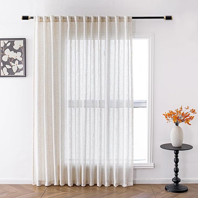 MYSKY HOME Linen Sliding Glass Door Curtains for Living Room 84 Inches Long, Natural Light Filtering Semi Sheer Curtains & Drapes 1 Panel Farmhouse Country Boho Style Back Tab Draperies, 100" Wide
