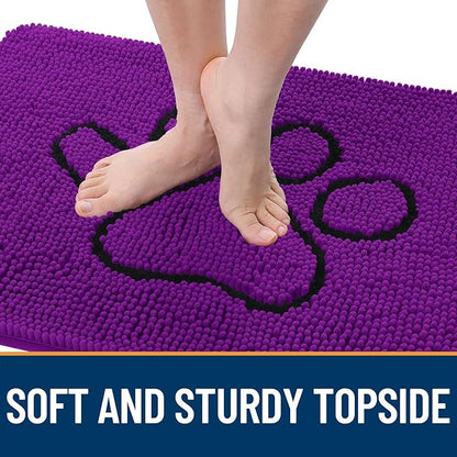 OLANLY Dog Door Mat for Muddy Paws 48x30, Paw Print Design, Absorbs Moisture and Dirt, Absorbent Non-Slip Washable Doormat, Quick Dry Chenille Mud Mat for Dogs, Entry Indoor Entryway Carpet, Purple