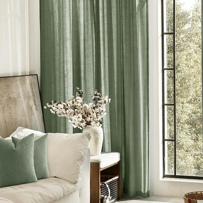 Olive Green Curtains 84 inch Length 2 Panels for Bedroom Back Tab Light Filtering Semi Sheer Drapes Linen Cotton Textured Airy Modern Farmhouse Living Room Sage Aesthetic Decor 52x84