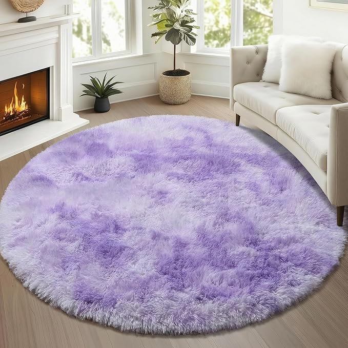 ONASAR Tie-Dyed Purple Round Area Rug 4ft, Soft Bedroom Circle Rugs Floor Mats for Kids Girls Teen Room, Kawaii Fluffy Plush Shaggy Carpet for Baby Nursery Living Room Playroom Home Decor