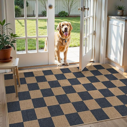 Lahome Colette Checkered Easy Jute Indoor Outdoor Carpet, 3x5 Washable Rugs for Entryway Living Room Farmhouse Area Rug, Non Slip Blue Checkerboard Indoor Door Mat for Entry Patio Deck