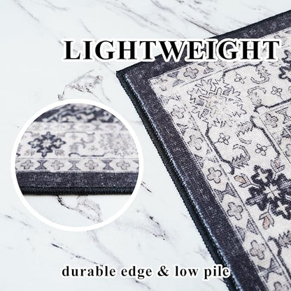 3x12 Washable Hallway Runner Rug: Oriental Long Ultra Soft Runners for Kitchen Entryway Thin Non Slip Bathroom Nursery Floor Mat Water Resistant Low Pile Carpet for Living Room Bedroom (Black,3x12)