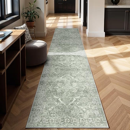 Washable 3x14 Runner Rug - Non-Slip Vintage Rug for Entryway Low-Pile Medallion Long Rugs for Hallway Waterproof Traditional Runner Rug Indoor Thin Rug for Kitchen (Muted Sage Green)