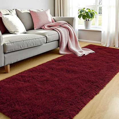 Tepook Soft Runner Rugs for Bedroom 2x6 with Rubber Backing, Burgundy Red Fluffy Rugs for Hallway, Shag Bedside Rug Fuzzy Plush Carpet for Living Room Dorm Nursery Indoor Home Decor