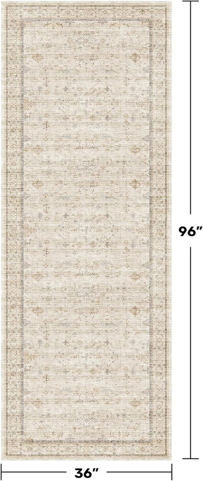 3x8 Non Slip Wide Runner Rug for Hallway Washable, Long Farmhouse Kitchen Rugs, Beige Cream Floral Entryway Mat, Low Pile & Soft Retro Décor Indoor, Non Skid Stain Resistant Carpet