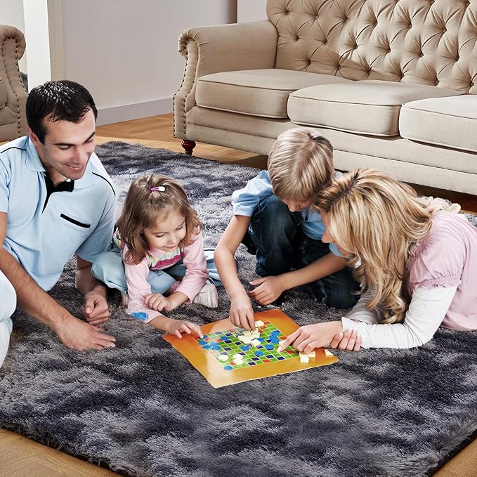 KNZE 9X12 Feet High Pile Tie-Dye Rug, Dark Grey, Area Rug for Living Room, Plush Shag Carpet for Kids Room, Extra Large Fuzzy Rug, Soft Home Decor
