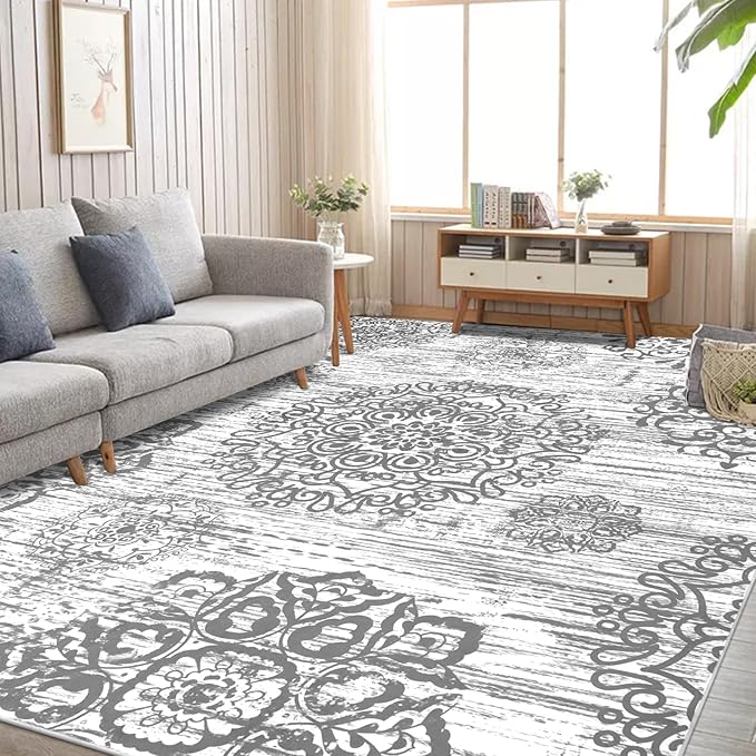 HEBE Washable Area Rug 8'x10' Non Slip Soft Distressed Medallion Bedroom & Living Room Rugs Vintage Entry Floor Carpet for Dining Room Bathroom Entryway