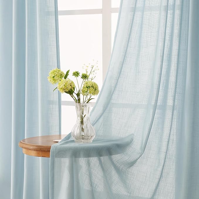 Sky Blue Curtains 84 inch Length for Bedroom Back Tab Light Filtering Semi Sheer Blue Living Room Curtains Linen Cotton Textured Drapery Panel Aesthetic Decor Light Blue 52x84