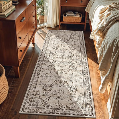Yamaziot Washable Runner Rug 2x6 – Non Slip Boho Floral Hallway Runner Rug with Rubber Backing, Low Pile Faux Wool Distressed Carpet for Kitchen, Laundry, Bedroom, Entrance, Brown