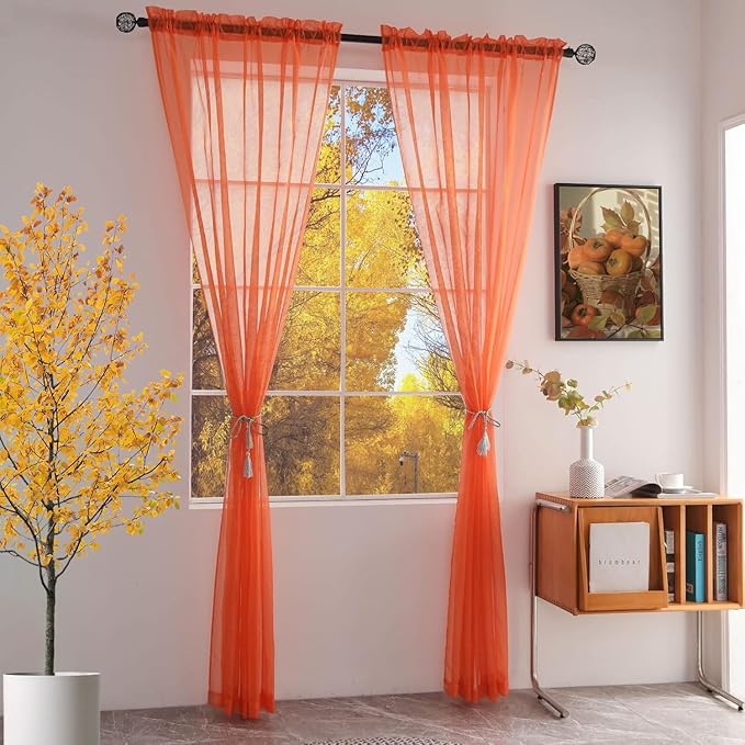 SpaceDresser Sheer Voile Window Treatment Rod Pocket Curtain Panels for Kitchen Bedroom Living Room Drapes Sunlight Filtering Privacy Semi Home Decor Assorted Colors Sizes (Jaffa Orange, 52 W x 54 L)