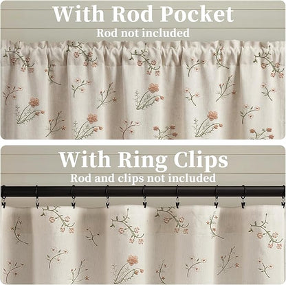 Kitchen Valances for Windows, Floral Embroidered Spring Linen Blend Farmhouse Cottage Vintage Light Filtering Valance Rod Pocket Window Treatment, 52 x 18 Inch, 1 Panel
