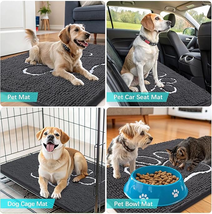 OLANLY Dog Door Mat for Muddy Paws 70x46, Paw Print Design, Absorbs Moisture and Dirt, Absorbent Non-Slip Washable Doormat, Quick Dry Chenille Mud Mat for Dogs, Entry Indoor Entryway Carpet, Dark Grey