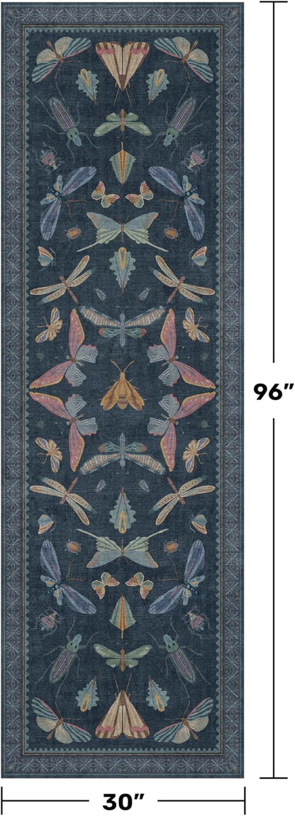 Vintage 2'6"x8' Kitchen Rugs Washable, Non Slip 8ft Long Rugs for Hallway, Stain Resistant Indoor Mats for Entryway, Dark Blue Insect Moth Home Décor, Low Pile & Soft