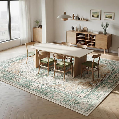Washable Rugs 8x10 Area Rugs for Living Room- Vintage Rugs for Bedroom,Dining Room, Large Ultra Soft Retro Carpet with Non Slip Rubber Backing,Neutral Accent Carpets for Nursery Home Office