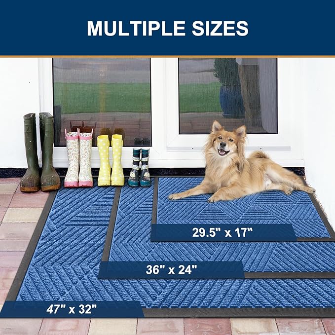 Smiry Front Door Mat Outside Entrance, Heavy Duty Sturdy Natural Rubber Doormat, Trap Dirt and Moisture, Easy Clean Low Profile Welcome Floor Mats for Indoor Outdoor Entry, 47x23 Inch, Blue