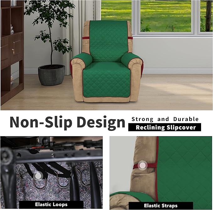 Easy-Going Recliner Chair Slipcover Reversible Sofa Cover Water Resistant Couch Cover Furniture Protector with Elastic Straps for Pets Dog (Recliner 22 inch, Green/Christmas Red)