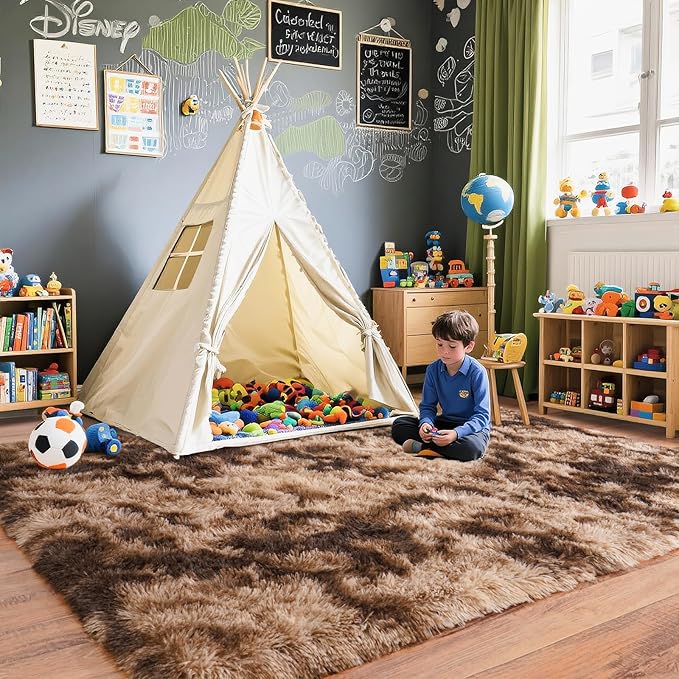 Pionblank 8x10 Rug for Living Room, Fuzzy Plush Large Area Rug Brown, Fluffy Modern Shag Non Slip Soft Furry Carpet for Bedroom Kids Room Nursery Teens Dorm Home, Tie-Dyed Coffee