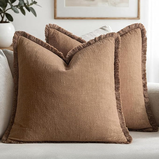 MIULEE Decorative Throw Pillow Covers Neutral Linen Fringe Throw Pillows Set of 2 Brown Boho Farmhouse Cushion Covers with Tassels for Couch Sofa Bed Living Room Spring Home Decor 18x18 Inch