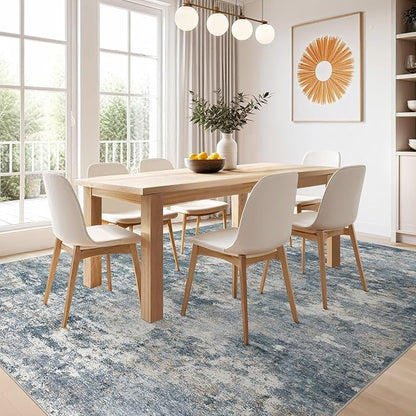 Nakagishi 5x7 Area Rugs Living Room: Washable Abstract Large Neutral Soft Rug Stain Resistant Modern Indoor Floor Non-Slip Carpet for Bedroom Nursery Kids Playroom Office Dining Room Dorm-Blue