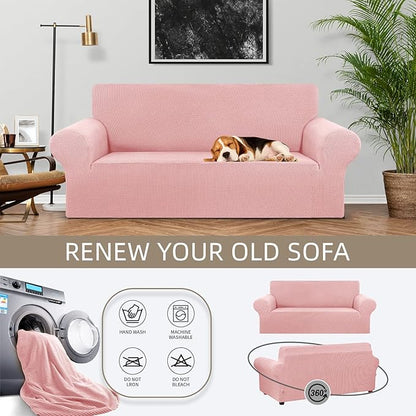 KEKUOU Stretch Loveseat Sofa Cover Slipcover,Couch Covers for 2 Cushion Couch Sofa (55"-78") Furniture Protector Sofa with Elastic Bottom for Kids,Dog. Jacquard Small Checked (Medium,Dusty Pink)