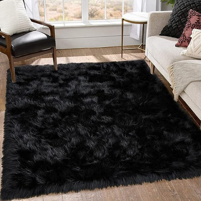Goolela Black Area Rug 6x9 Fluffy Fuzzy Furry Shag Faux Sheepskin Fur Rug for Living Room Bedroom Plush Soft Rectangle
