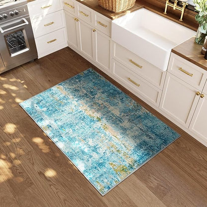 Entrance Rugs Indoor 2x3 Teal Blue Entry Rug Washable Abstract Small Area Rug Non-Slip Low Pile Throw Rugs for Entryway, Kitchen Floor, Front Door Indoor Door Mat, Bathroom, Bedroom Bedside