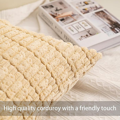 Pack of 2 Corduroy Decorative Throw Pillow Covers 24x24 InchSoft Striped Pillow Covers Modern Farmhouse Home Decor for Sofa Living Room Couch Bed（Beige）