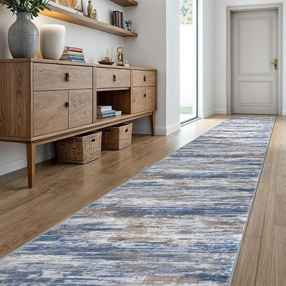 KOZYFLY Modern Abstract Washable Runner Rug 2.6x20 Hallway Runners Non-Slip Soft Kitchen Runner Rugs, Blue Rust 20 Foot Carpet Runner for Stair Entryway Bathroom Laundry Room Foyer