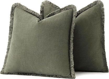 MIULEE Decorative Throw Pillow Covers Neutral Linen Fringe Throw Pillows Set of 2 Olive Green Boho Farmhouse Cushion Covers with Tassels for Couch Sofa Bed Living Room Spring Home Decor 20x20 Inch