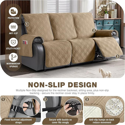 TAOCOCO 100% Waterproof Recliner Sofa Cover, Non Slip Split Couch Covers for Reclining Couches with Elastic Straps, Washable Reclining Sofa Cover Furniture Protector for Kids Pets(3 Seater, Camel)