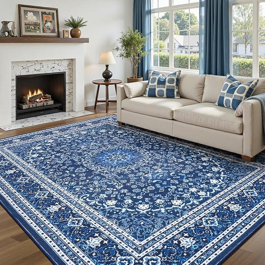 Lofus 6x9 Area Rugs for Living Room, Machine Washable Non-Slip Area Rug, Low Pile Large Rugs for Bedroom, Kitchen, Dining Room, Home Office, Vintage Oriental Print Rug, Dark Blue with White