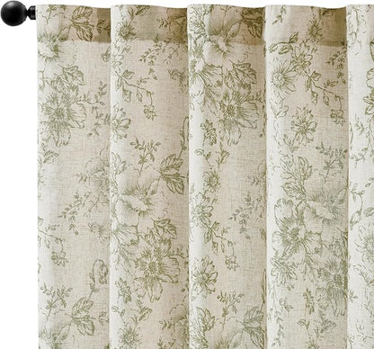 jinchan Linen Blend Floral Curtains for Living Room 45 Inch Length Farmhouse Printed Curtain Rod Pocket Back Tab Sage Green Peony Flower Patterned Drapes Bedroom Curtains Set 2 Panels