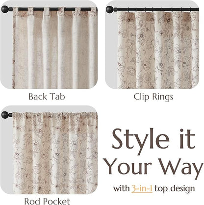 jinchan Floral Linen Curtains for Living Room 84 Inch Length Brown Flower Curtain Rod Pocket Back Tab Farmhouse Curtains with Printed Floral Bedroom Window Curtain Set, 2 Panels Brown