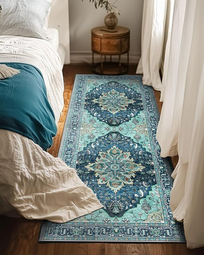 Area Rugs 2'x6' Runner Rug Non Slip Washable for Kitchen Hallway Bedroom Beside Laundry Room Bathroom Rug, Floor Carpet, Teal Green Lake Blue Turquoise