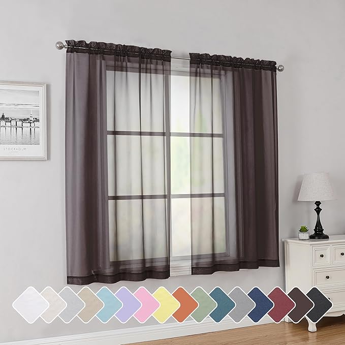 Simplebrand Chocolate Short Sheer Curtains 45 Inch Length for Small Windows, Rod Pocket 2 Panels Set Solid Voile Drapes Window Sheer Curtains for Bedroom Bathroom Kids Room Kitchen, 42x45 Inch, 2pcs