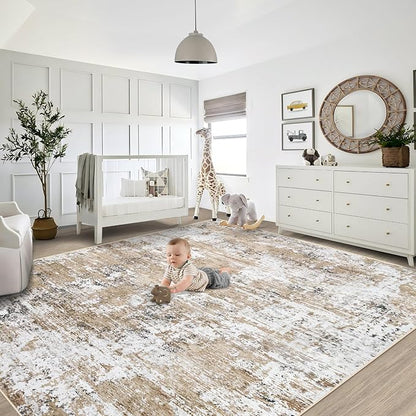 XLUEZ 8x10 Area Rugs for Living Room, Washable Modern Abstract Large Area Rug Neutral Soft Non Slip Kids Rug Stain Resistant Indoor Carpet for Bedroom Nursery Dining Room Playroom(Beige, 8'x10')