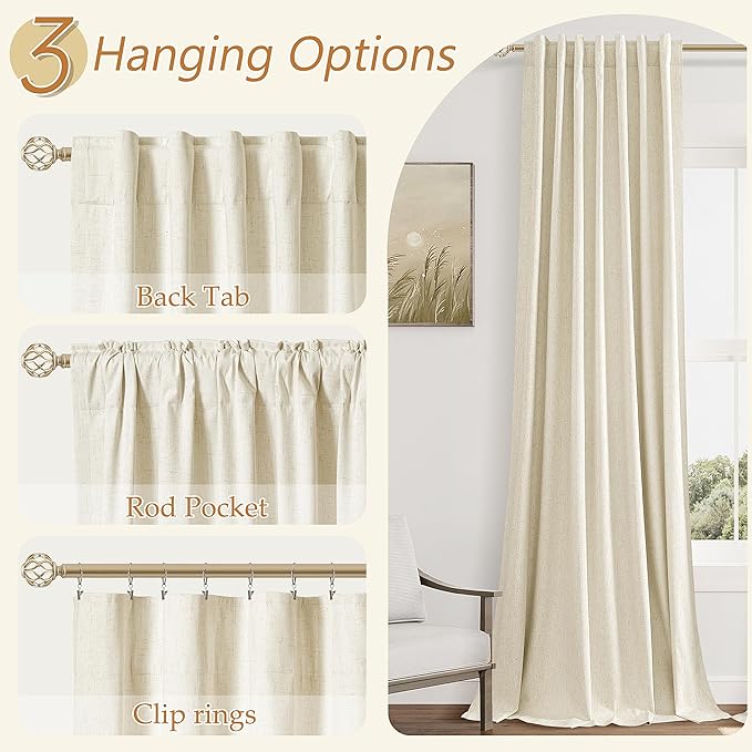 Guken 100% Blackout Curtains 63 Inch Length 2 Panels Set for Living Room Bedroom Back Tab Thermal Insulated Black Out Linen Drapes Room Darkening Window Curtains 63 Inches Long,Warm Beige