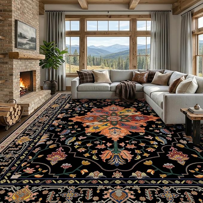 RELEANY Area Rugs 9'x12' Washable Non-Slip, Floral Vintage Distress Print Pattern Medallion Carpet for Living Room Bedroom Dining Room, Black Colorful Floral Dark Tan