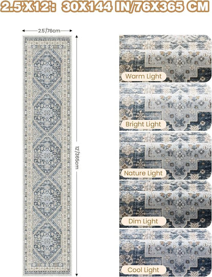 Carpet Runners for Hallway 12ft, Non-Slip Long Bathroom Rugs Runner for Kitchen, Bedroom, Soft Vintage Washable Rug for Entryway, Thin Floor Mat for Dining Room(Blue/Beige,2.5'x12')