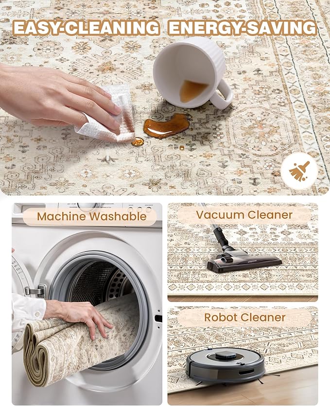 Runner Rug 2x6, Ultra-Thin Entryway Rug Non Slip Washable Rugs for Laundry Room, Runners for Hallways, Vintage Soft Rugs for Living Room, Kitchen, Bedroom(Cream/Beige,2'x6')