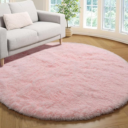 ONASAR Light Pink Round Area Rugs 3ft for Bedroom Living Room, Fluffy Cat Dog Bed Mat, Circle Rug for Kids Girls Boys Teen, Soft Plush Shaggy Carpet for Nursery Dorm Home Decor Aesthetic