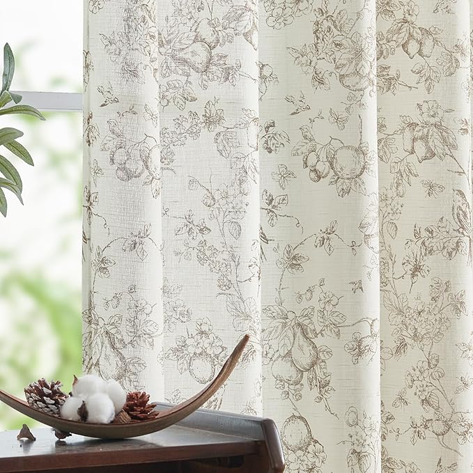 jinchan Linen Floral Curtains for Living Room 84 Inch Length Taupe Printed Flower French Country Curtain Farmhouse Cottage Core Toile Curtains Back Tab Light Filtering Window Drapes Set 2 Panels