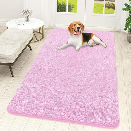 OLANLY Dog Door Mat for Muddy Paws 59x32, Absorbs Moisture and Dirt, Absorbent Non-Slip Washable Doormat, Quick Dry Chenille Mud Mat for Dogs, Entry Indoor Entryway Carpet for Inside Floor, Pink